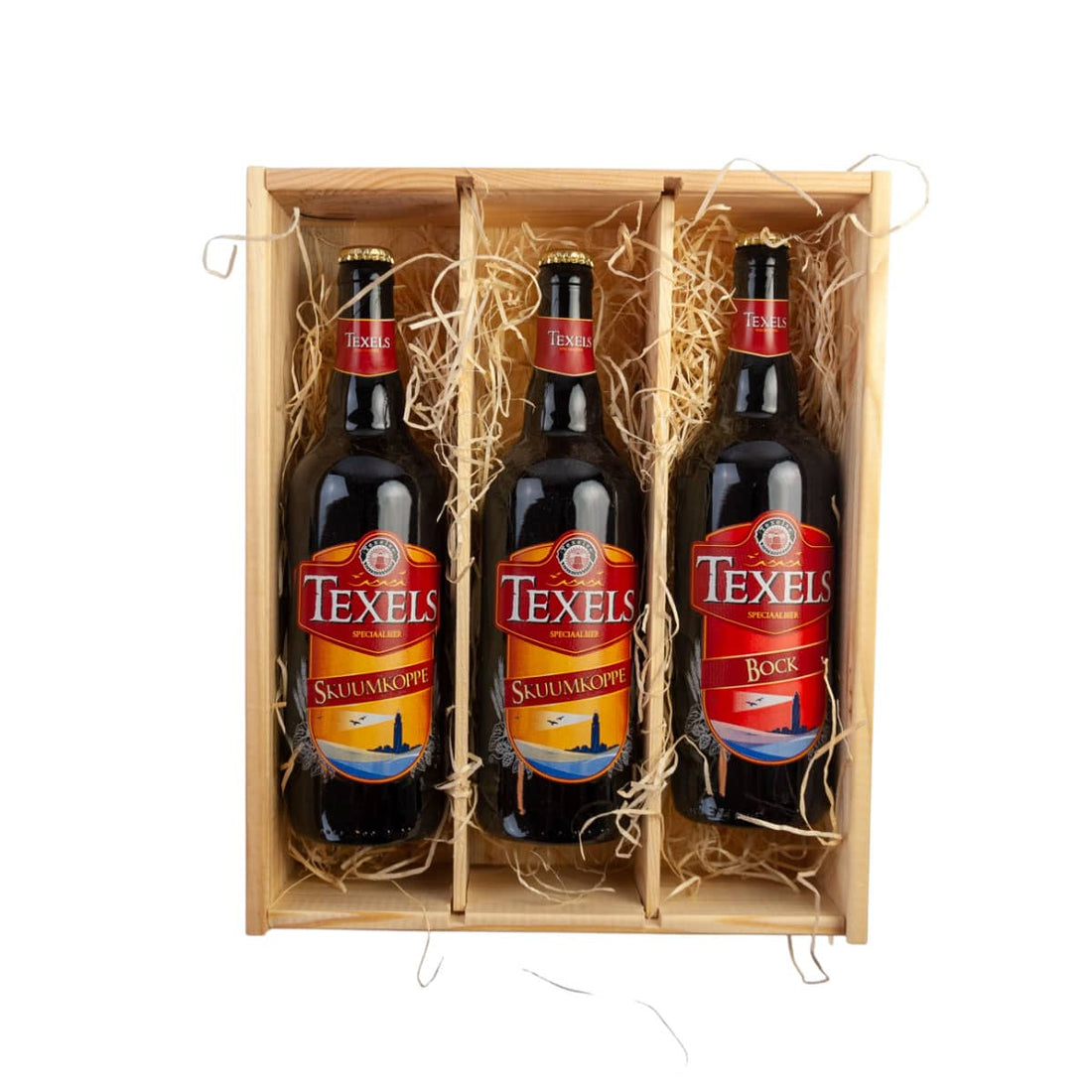 3 grote bierflessen in houten kist